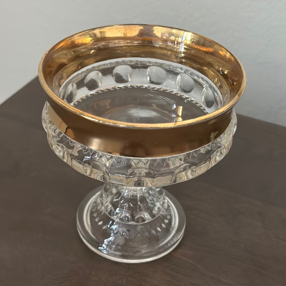 VTG Indiana Glass Kings Crown Thumbprint Pedestal Compote Candy Dish Gold Rimmed - Picture 3 of 8
